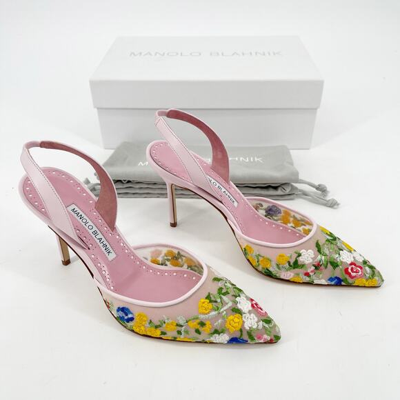 Manolo Blahnik Jardoline Pink Floral Embroidered Mesh Slingback Heels IT 36 - Picture 2 of 14